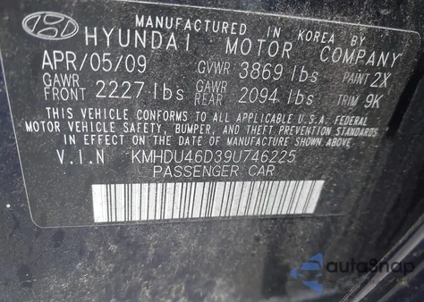 2009 Hyundai Elantra Gls from USA, damaged, VIN KMHDU46D39U746225